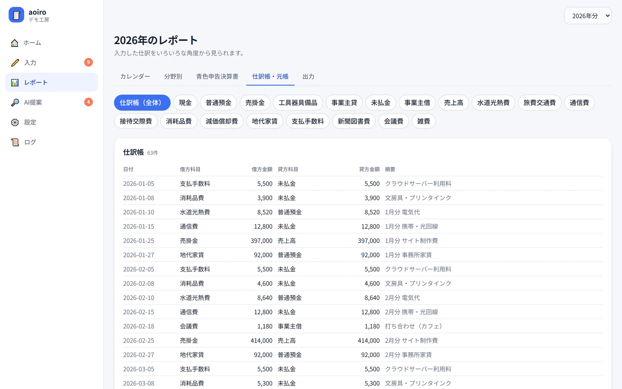 仕訳帳の画面。日付順に借方科目・借方金額・貸方科目・貸方金額・摘要が並んでいる。